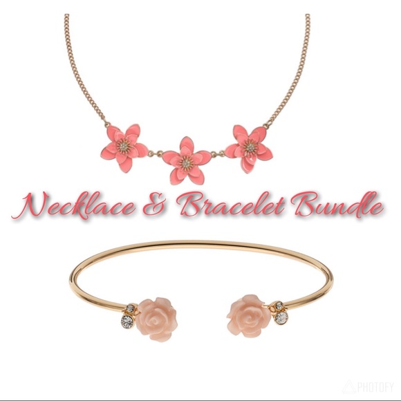 LC | Pink Floral Necklace & Bracelet Bundle - Picture 1 of 4